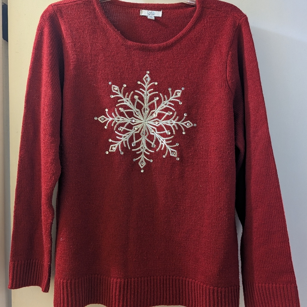 Knitted Holiday Red Sweater with sparkle Snowflake Design- XXL